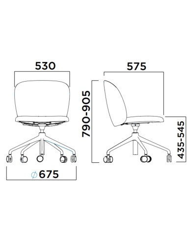 Dimensions détaillées de la chaise Volta avec base mobile et roulettes, précisant hauteur, largeur et profondeur – Volta