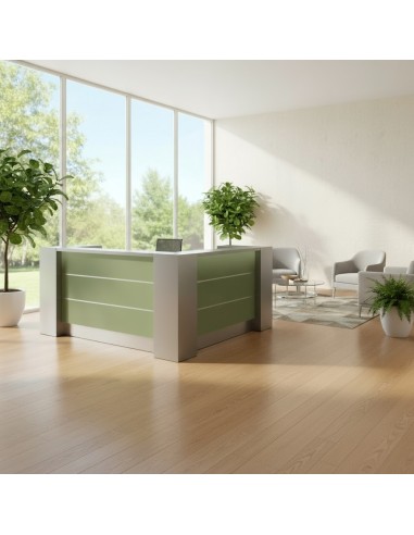 Meuble de réception avec façades vertes dans espace d'accueil et salle d'attente