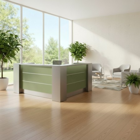 Meuble de réception avec façades vertes dans espace d'accueil et salle d'attente