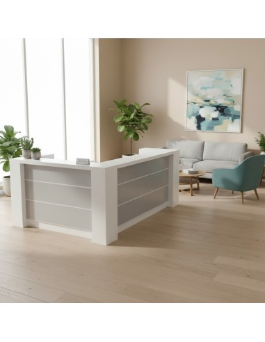 Meuble de réception gris et blanc dans décor lumineux et accueillant