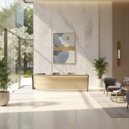 Meuble de réception dans pièce lumineuse et accueillante