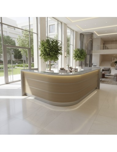 Banque d'accueil avec façade en bois dans salle d'attente