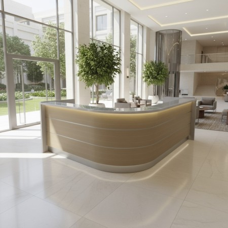 Banque d'accueil avec façade en bois dans salle d'attente