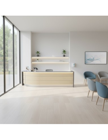 Meuble de réception avec façade en bois dans espace d'accueil lumineux