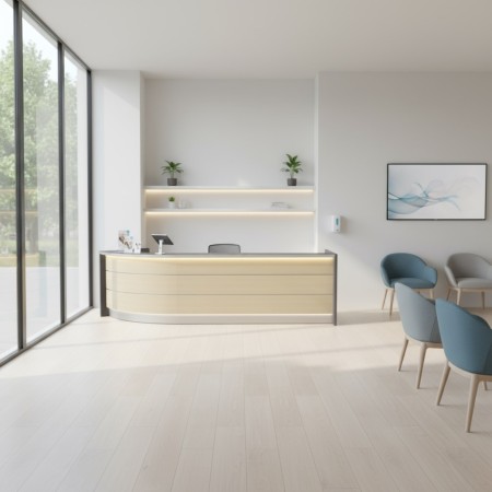 Meuble de réception avec façade en bois dans espace d'accueil lumineux