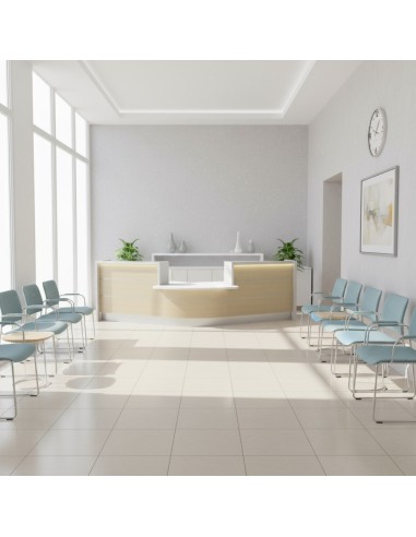 Banque d'accueil avec façade en bois clair dans salle d'attente