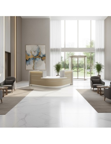 Meuble de réception d'angle arrondi dans un espace accueillant et lumineux