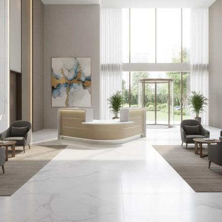 Meuble de réception d'angle arrondi dans un espace accueillant et lumineux