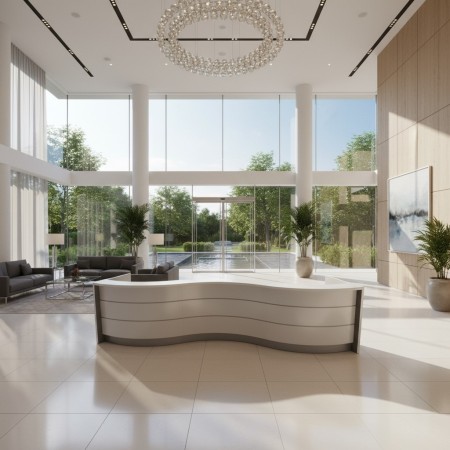 Meuble de réception dans une entrée d'hôtel lumineuse