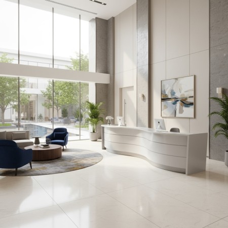 Banque d'accueil blanche avec 2 postes de travail dans une réception d'hôtel