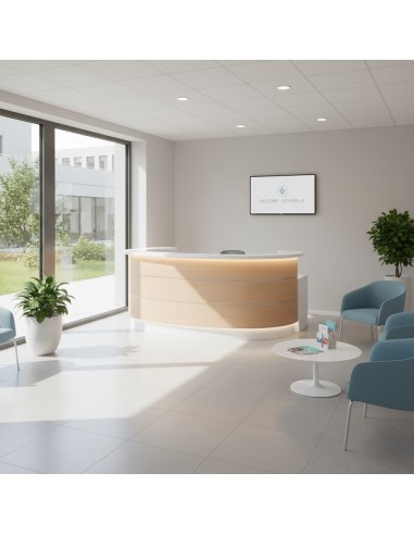 Meuble de réception façade en bois clair dans salle d'attente avec chaises bleues