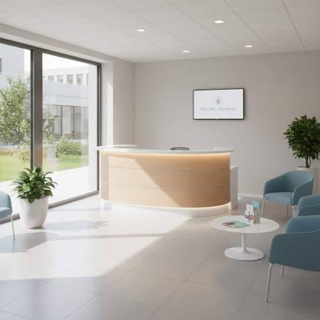 Meuble de réception façade en bois clair dans salle d'attente avec chaises bleues