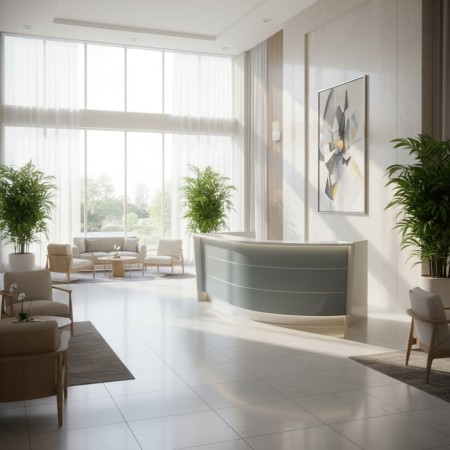 Meuble de réception bleu avec structure blanche 2