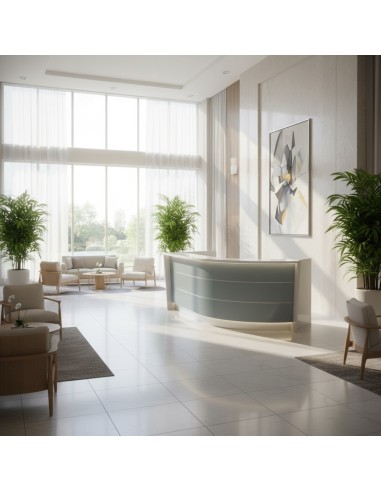 Banque d'accueil dans réception d'hôtel avec fauteuils et tables basses