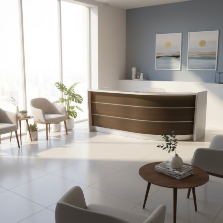 Meuble de réception avec façade en bois foncé dans salle d'attente d'un cabinet médical