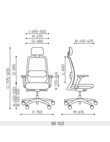 Dimensions techniques chaise Belt BE 103 Black avec appuie-tête et cotes détaillées