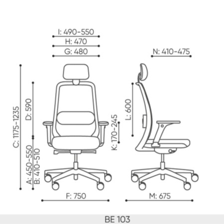 Dimensions techniques chaise Belt BE 103 Black avec appuie-tête et cotes détaillées