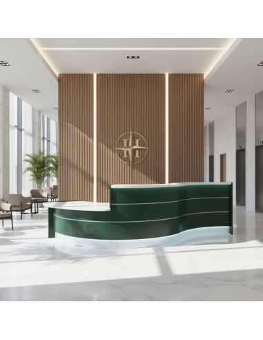 Meuble de réception façade verte dans hall d'entrée d'hôtel