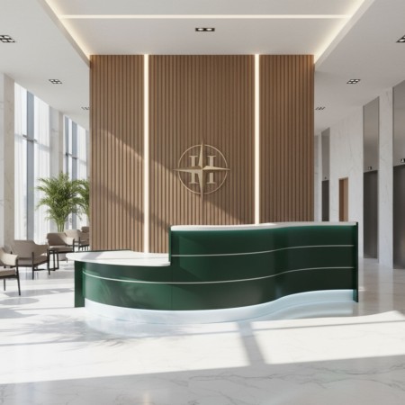 Meuble de réception façade verte dans hall d'entrée d'hôtel