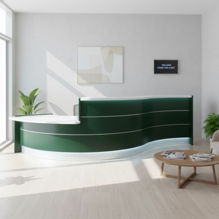 Meuble de réception façade verte dans un espace d'accueil et d'attente