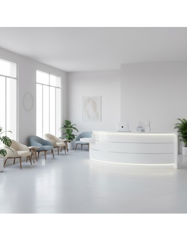 Meuble de réception arrondi, blanc dans une salle d'attente lumineuse