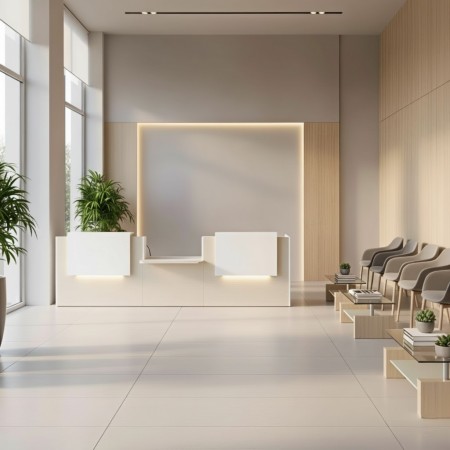 Grand meuble de réception en bois clair et 2 réhausses blanches 2