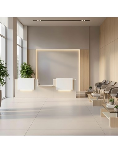 Banque d'accueil avec accès PMR dans pièce lumineuse et chaleureuse