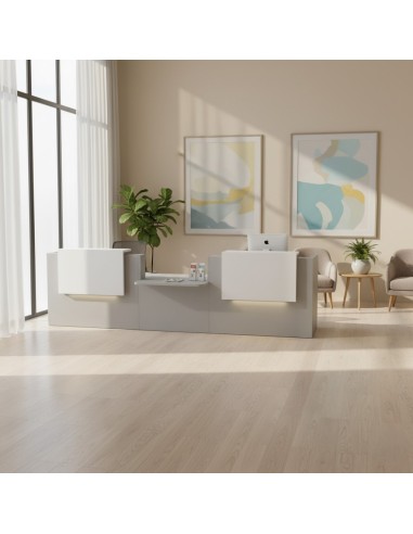 Meuble de réception gris avec 2 réhausse dans un espace d'accueil lumineux