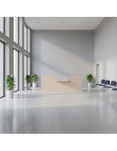 Banque d'accueil en bois clair dans espace lumineux avec sièges visiteurs bleus