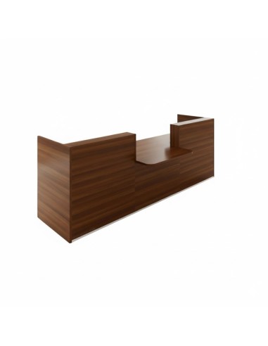 	Banque d'accueil en bois foncé avec module plus bas au centre