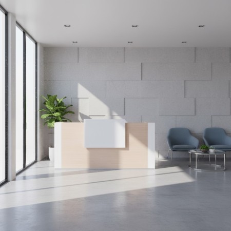 Meuble de réception en bois clair et blanc dans un espace d'accueil et d'attente