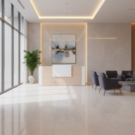 Salle d'attente avec meuble de réception, fauteuil et table basse