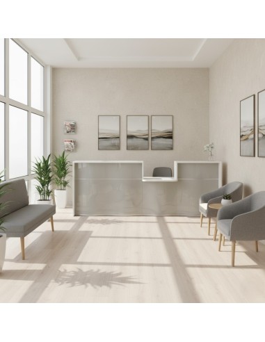 Petite salle d'attente avec fauteuil, canapé, table basse et meuble de réception beige