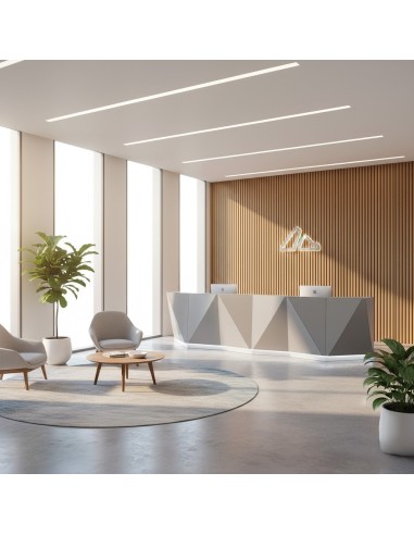 Espace d'accueil avec grand meuble de réception avec fauteuil et table basse