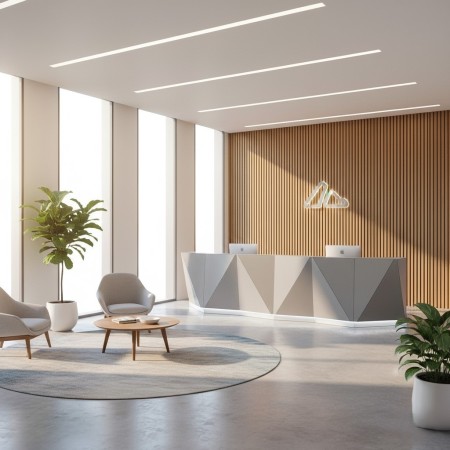 Espace d'accueil avec grand meuble de réception avec fauteuil et table basse