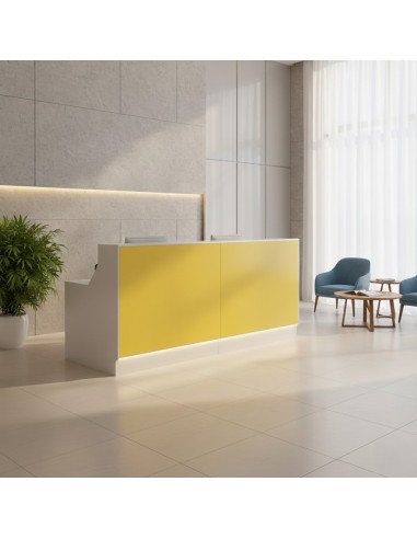 Meuble de réception façade jaune avec fauteuils bleus et table basse