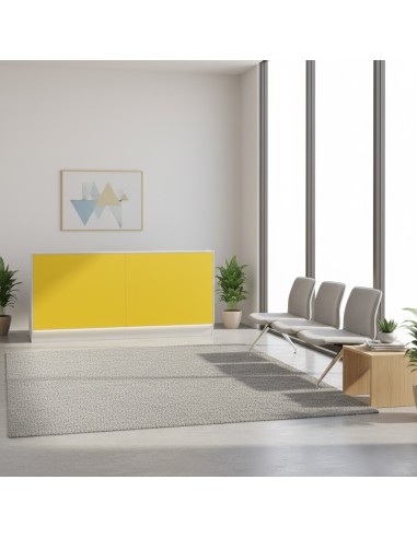 Salle d'attente avec meuble de réception jaune, led intégrée et sièges visiteurs