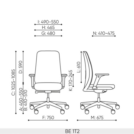Schéma technique de la chaise Belt BE 1T 2G avec dimensions détaillées