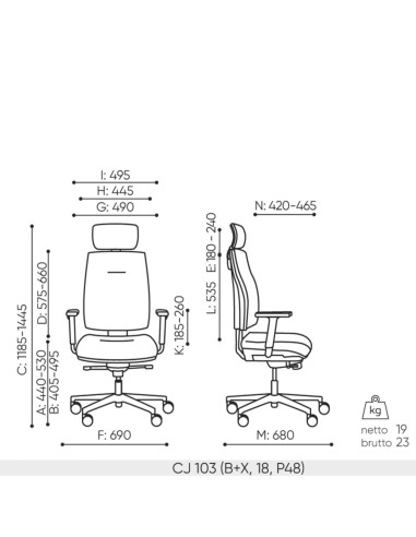Schéma technique du fauteuil Corr CJ 103 noir avec dimensions et réglages