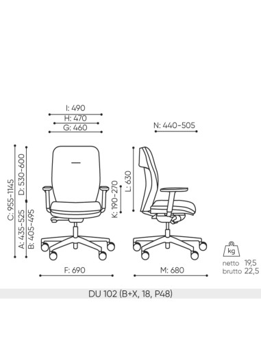 Schéma technique du fauteuil Dual DU 102 noir avec dimensions complètes