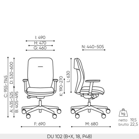 Schéma technique du fauteuil Dual DU 102 noir avec dimensions complètes