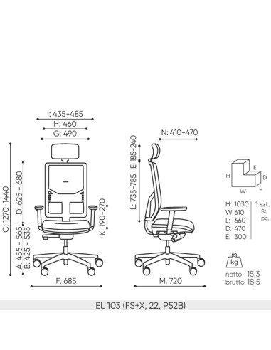 Schéma technique du fauteuil Eleven EL 103 noir avec dimensions complètes
