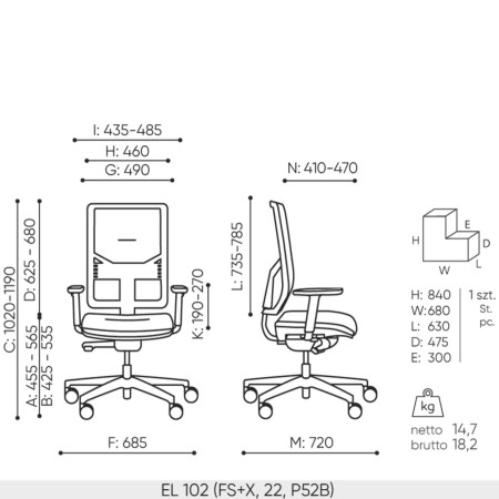 Schéma technique du fauteuil Bejot Eleven EL 102 noir avec dimensions détaillées