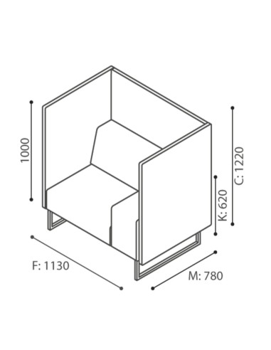 Dimensions du module de canapé haut avec dossier, accoudoir et base métallique noire. - Plint
