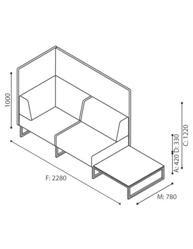 Dimensions du canapé modulaire à dossier haut, composé de deux assises et d’une tablette latérale. - Plint