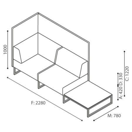 Dimensions du canapé modulaire à dossier haut, composé de deux assises et d’une tablette latérale. - Plint