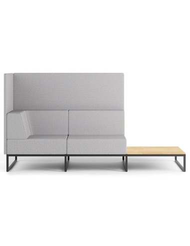 Un module de canapé gris clair avec haut dossier et tablette latérale en bois clair, soutenu par une base métallique noire. - Pl