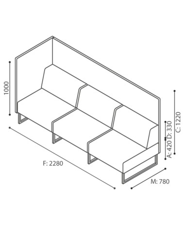 Dimensions du canapé trois places à dossier haut, soutenu par une base métallique noire robuste. - Plint