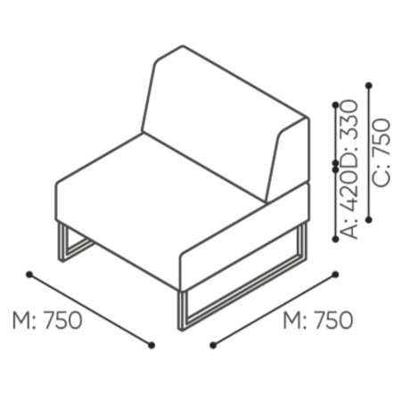 Dimensions du module individuel à dossier bas, soutenu par une base métallique. - Plint