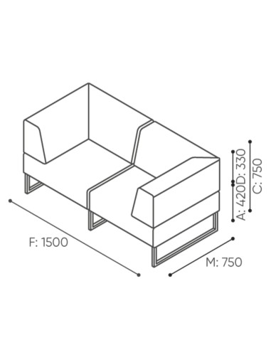 Dimensions du module d’angle avec dossier haut et accoudoirs intégrés. - Plint
